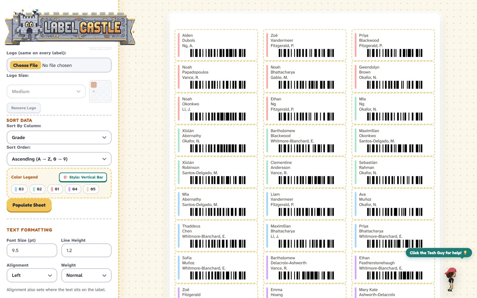 The Label Castle app: a class roster laid out on an Avery 5160 sheet, each label with a student's name, teacher and a barcode, colour-coded by grade.
